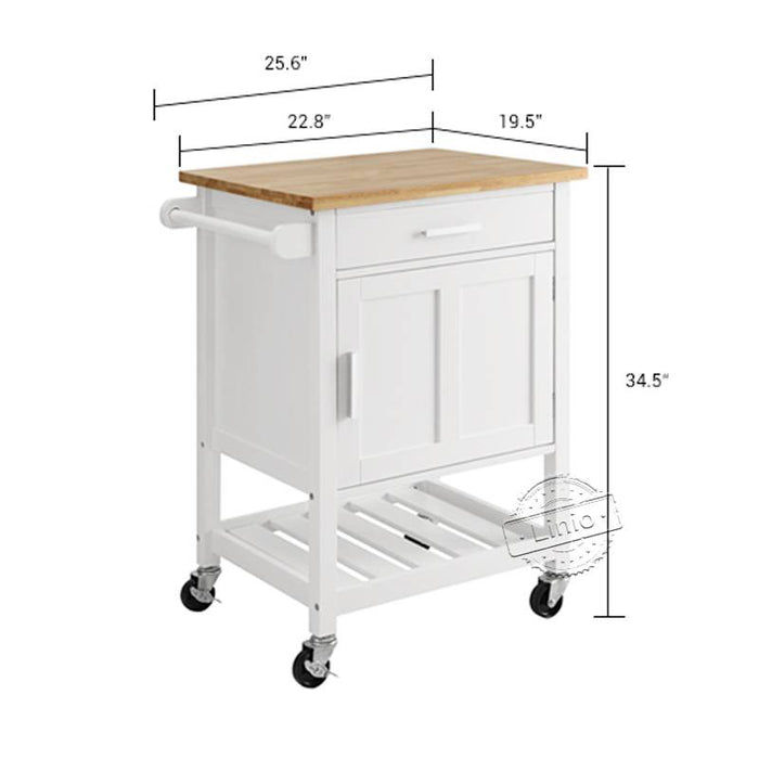 WOODEEM Rubber Wood Top White Small Rolling Kitchen Trolley Cart