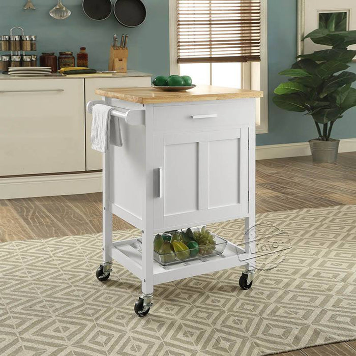 WOODEEM Rubber Wood Top White Small Rolling Kitchen Trolley Cart