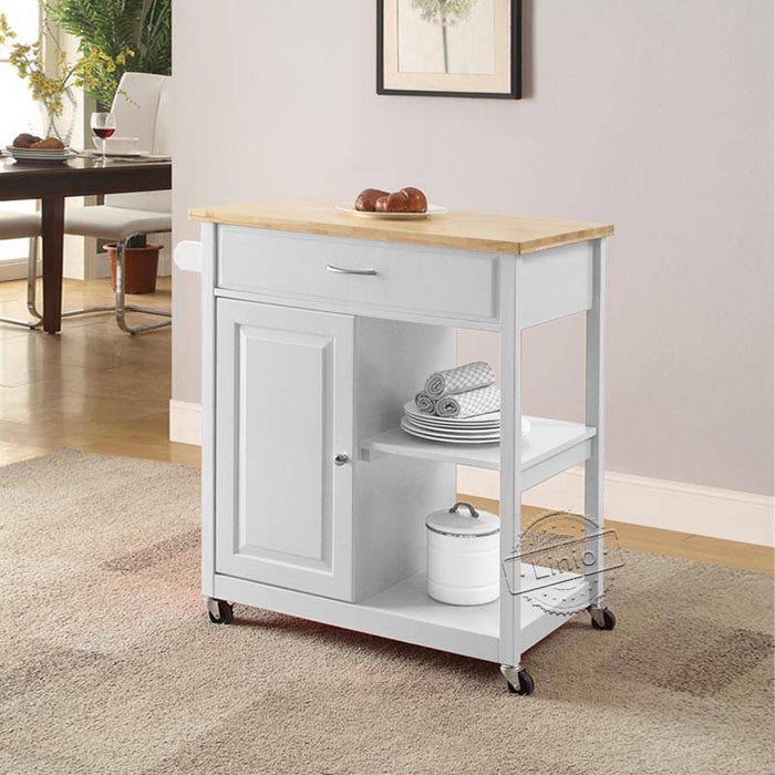 WOODEEM White Microwave Stand Movable Kitchen Island Cart with Solid Wood Top