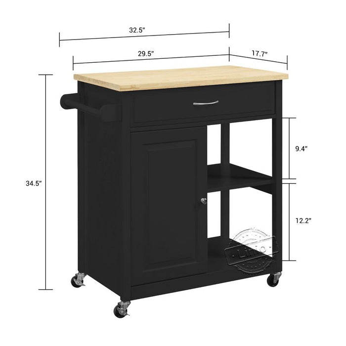 WOODEEM Black Microwave Kitchen Island Cart with Solid Wood Top