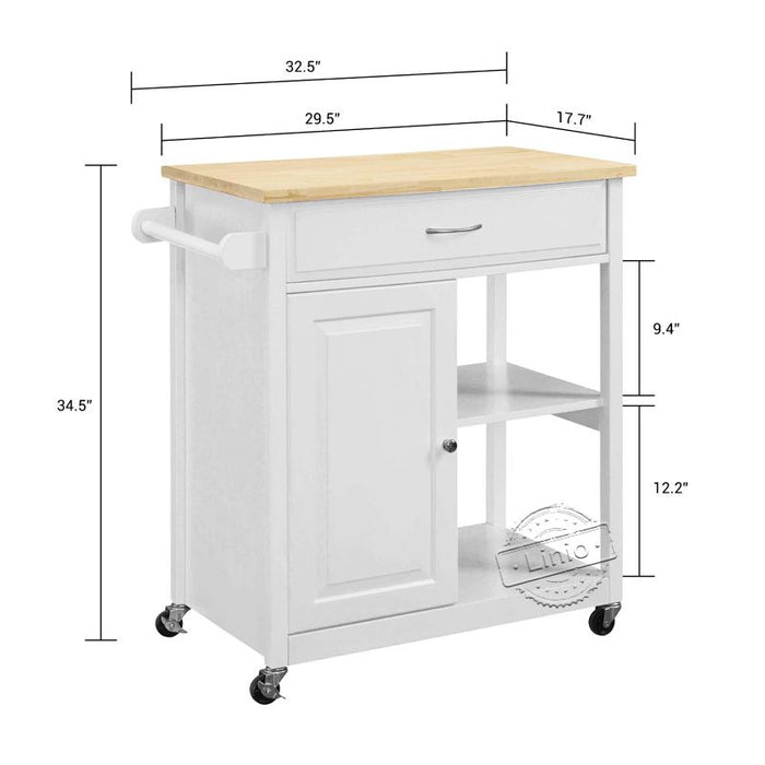 WOODEEM White Microwave Stand Movable Kitchen Island Cart with Solid Wood Top