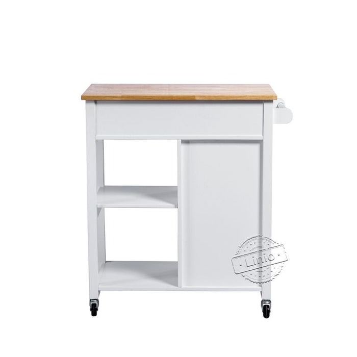 WOODEEM White Microwave Stand Movable Kitchen Island Cart with Solid Wood Top