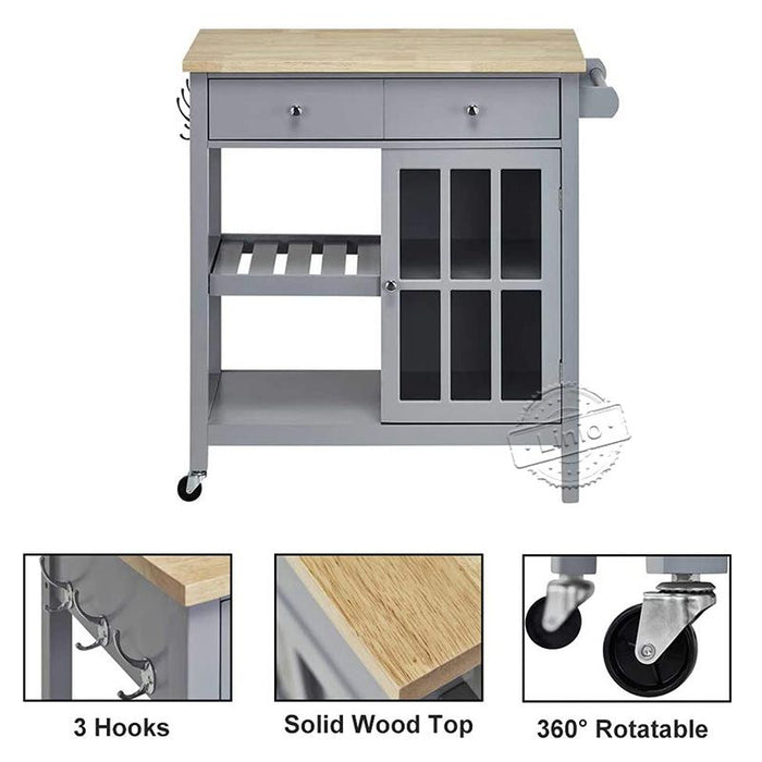 WOODEEM Rolling Kitchen Cart Island with Rubberwood Top, Multi-Function Kitchen Carts with Storage and Drawers