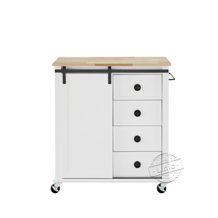 WOODEEM White Kitchen Island Cart on Wheels with Rubber Wood Top and 4 Drawer 1 Door