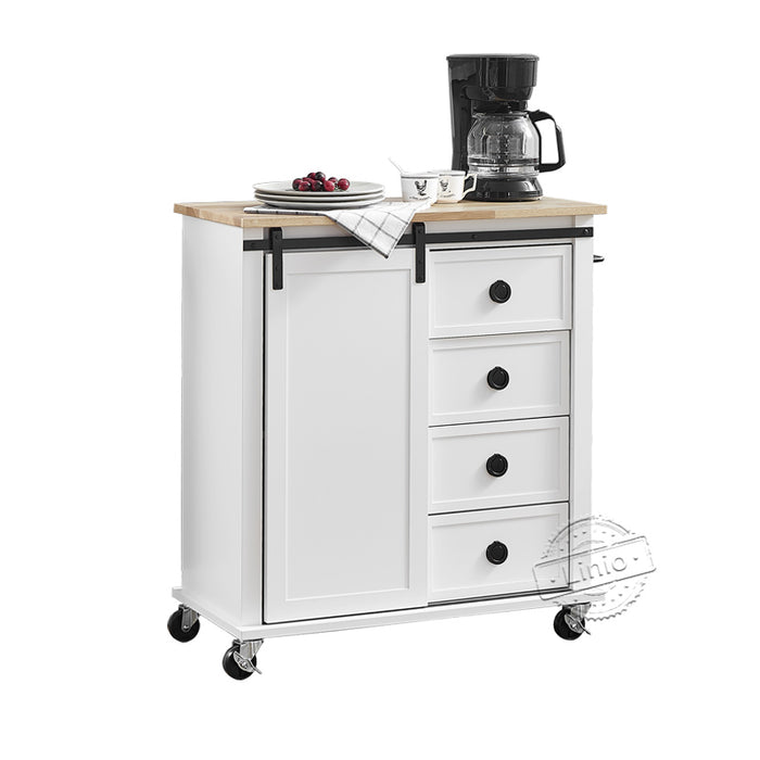 WOODEEM White Kitchen Island Cart on Wheels with Rubber Wood Top and 4 Drawer 1 Door