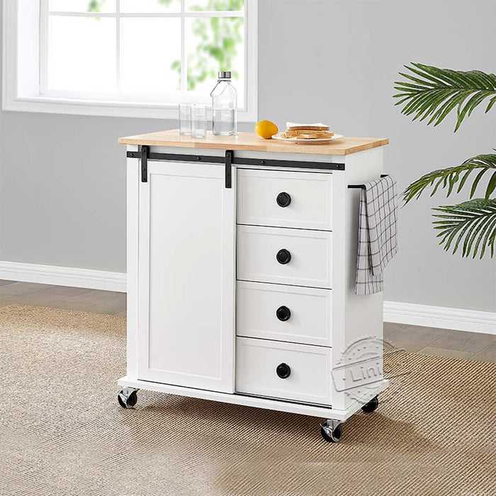 WOODEEM White Kitchen Island Cart on Wheels with Rubber Wood Top and 4 Drawer 1 Door