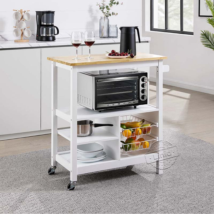 WOODEEM White Rolling Kitchen Cart Modern with Storage and 2 Wire Baskets