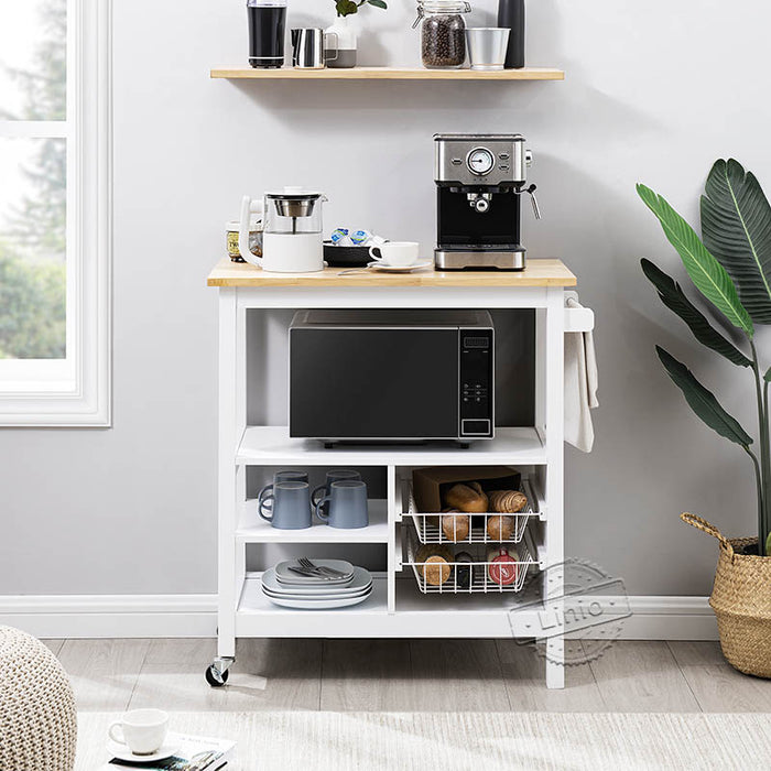 WOODEEM White Rolling Kitchen Cart Modern with Storage and 2 Wire Baskets