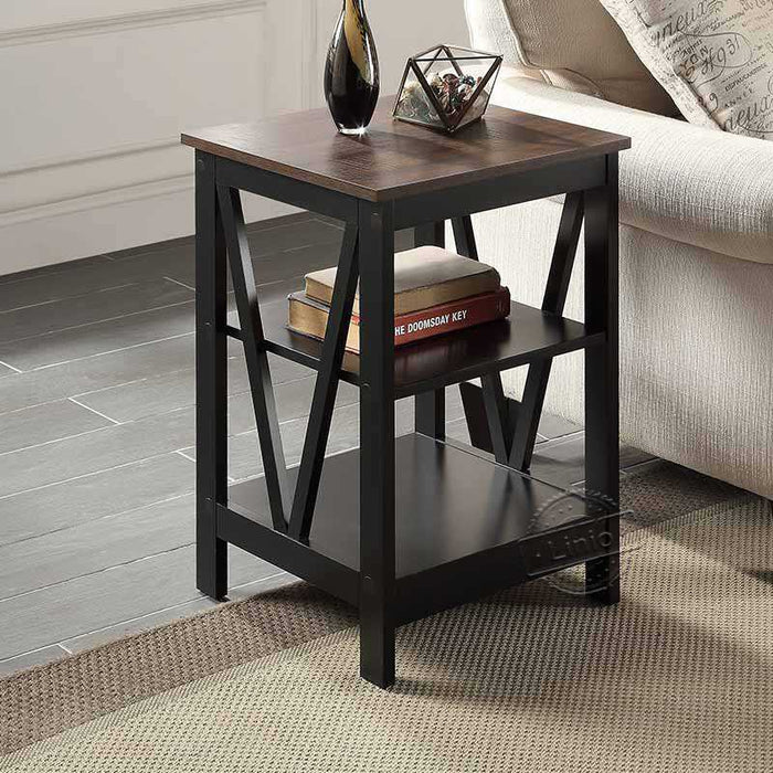 WOODEEM Newtown Small Side Table Open Shelves for Living Room, Walnut Black 2 Tone Finish