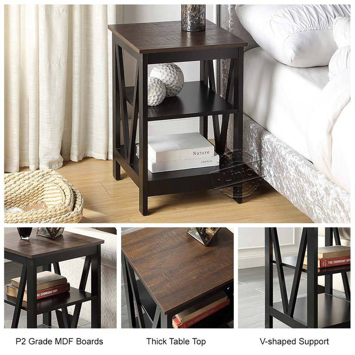 WOODEEM Newtown Small Side Table Open Shelves for Living Room, Walnut Black 2 Tone Finish