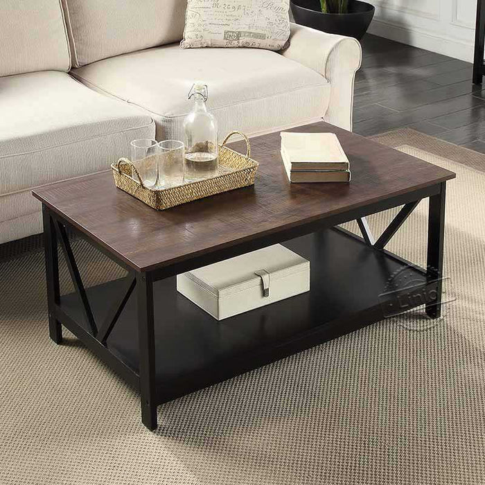 WOODEEM Newtown Classic Coffee Table for Living Room with Storage Shelf, Dark Walnut and Black