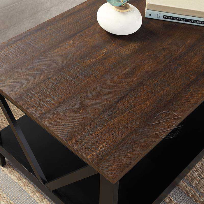 WOODEEM Newtown Classic Coffee Table for Living Room with Storage Shelf, Dark Walnut and Black