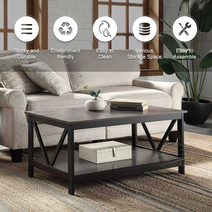 WOODEEM Newtown Classic Coffee Table for Living Room with Storage Shelf, Dark Walnut and Black