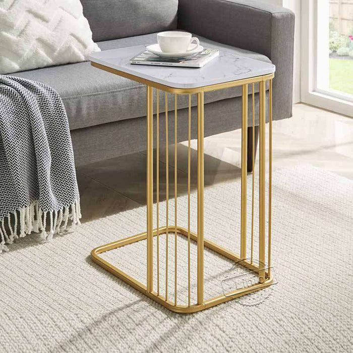 WOODEEM Modern White End Table Faux Marble Top with Gold Metal Frame