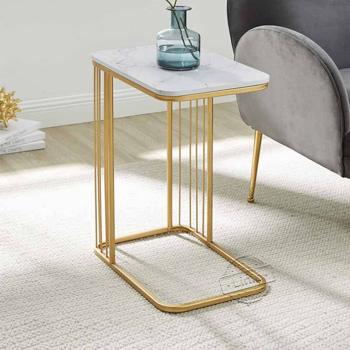 WOODEEM Modern White End Table Faux Marble Top with Gold Metal Frame