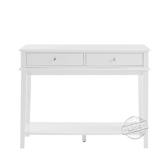 conifferism Chloe Modern White Console Table with Drawers and Open Shelf Small Hallway Table