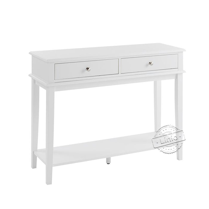 conifferism Chloe Modern White Console Table with Drawers and Open Shelf Small Hallway Table