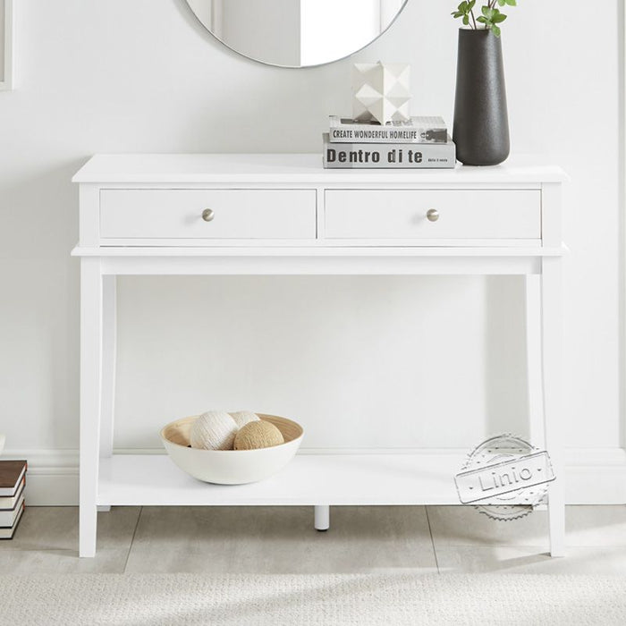 conifferism Chloe Modern White Console Table with Drawers and Open Shelf Small Hallway Table