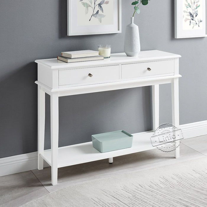 conifferism Chloe Modern White Console Table with Drawers and Open Shelf Small Hallway Table