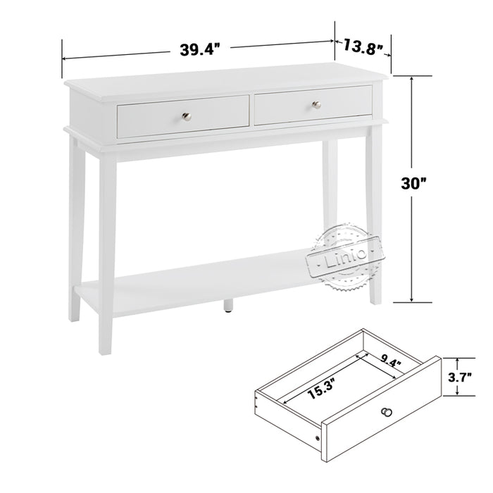 conifferism Chloe Modern White Console Table with Drawers and Open Shelf Small Hallway Table