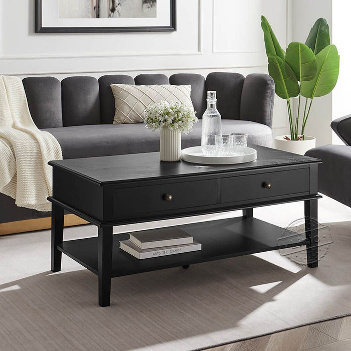 conifferism Chloe Modern Black Coffee Table with Storage Shelf and 2 Drawers for Living Room