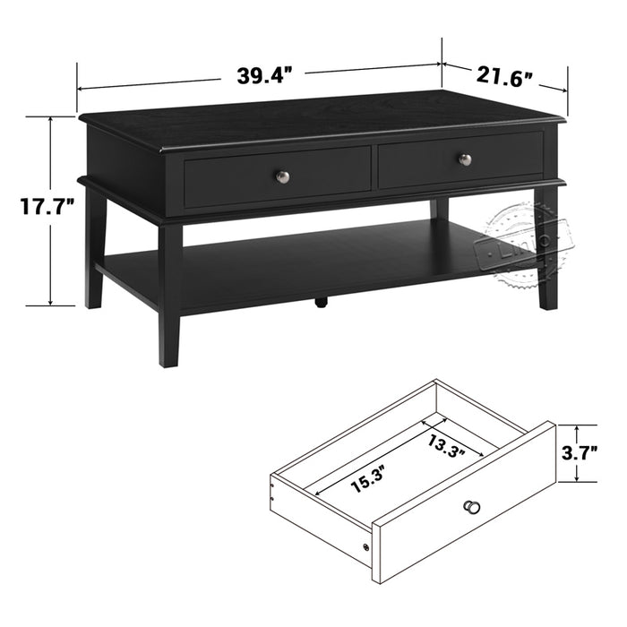 conifferism Chloe Modern Black Coffee Table with Storage Shelf and 2 Drawers for Living Room