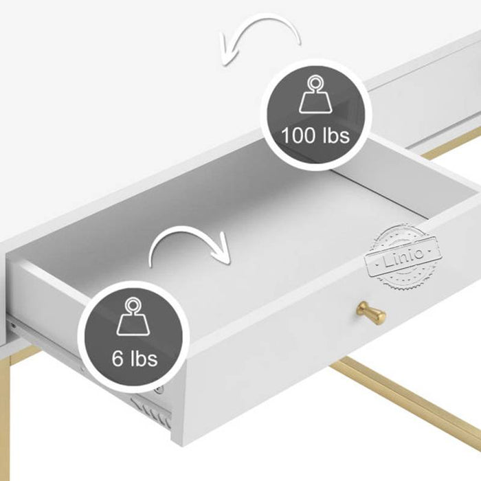 WOODEEM White and Gold Desk with 2 Drawers and Gold Metal Legs perfect for Small Home Office