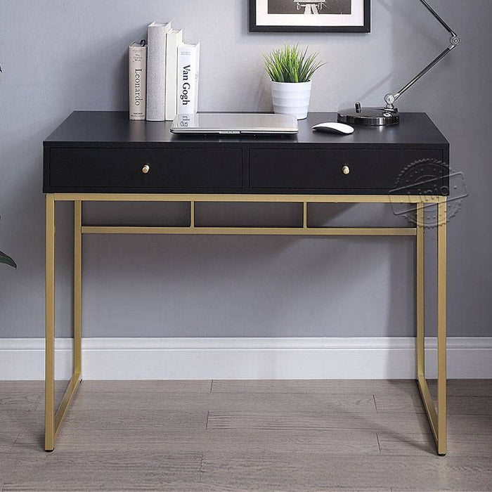 WOODEEM Black and Gold Desk with 2 Drawers for Small Home Office