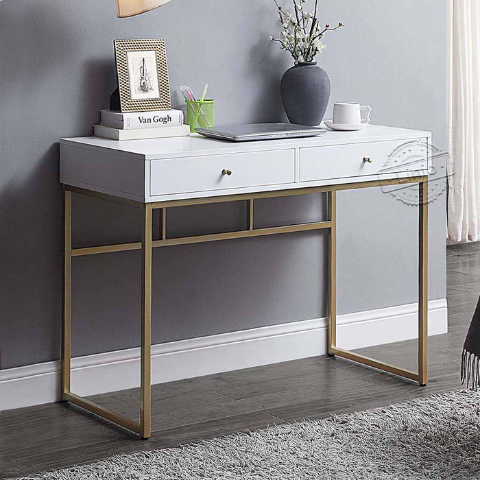 WOODEEM White and Gold Desk with 2 Drawers and Gold Metal Legs perfect for Small Home Office